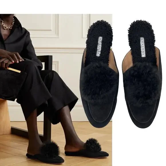 Aquazzura Foxy Mules Pom Pom Suede Shearling Black Size 40